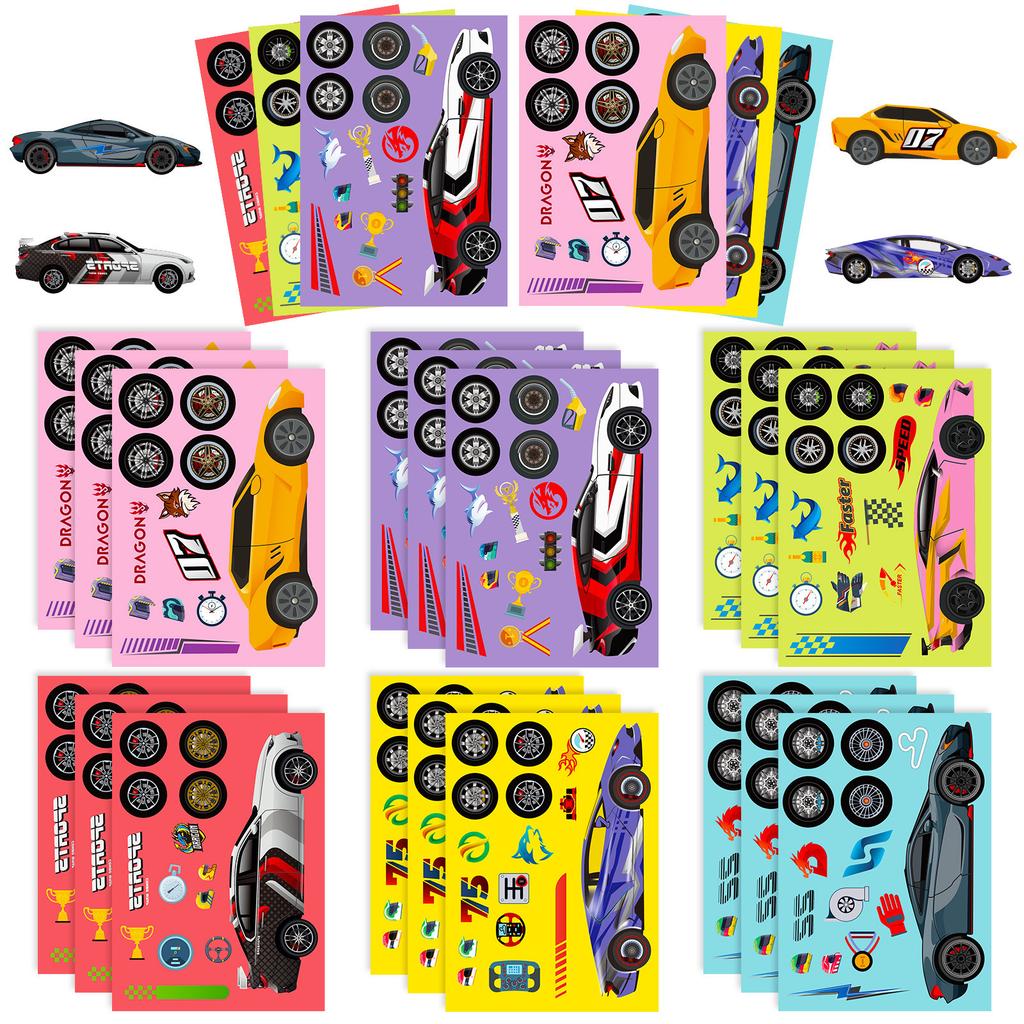 6 Pictures/pack of Sports Car Face Change Stickers Toy Puzzle Stickers Cartoon Make A Face Children Face Change Stickers