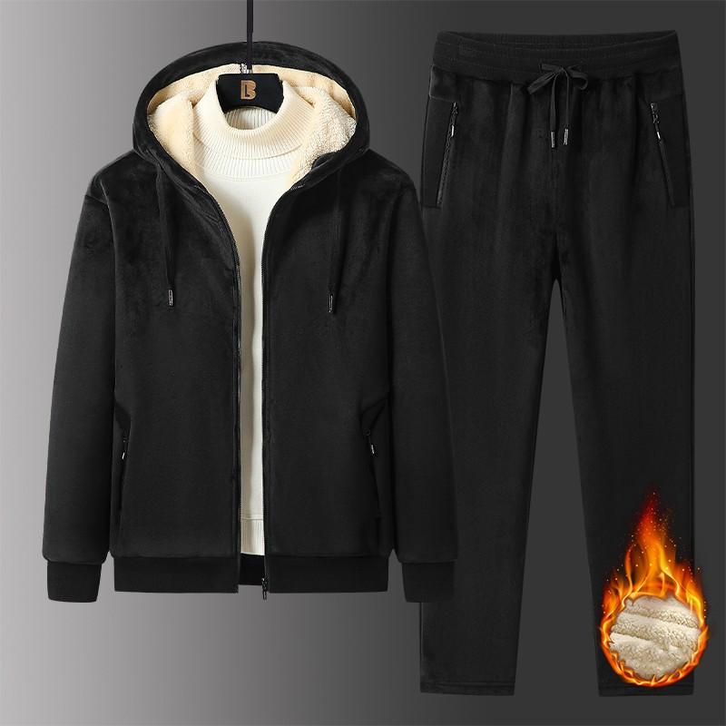 Autumn Winter Men Tracksuit Fleece Thick Warm Hoodie Pants Set Casual Male Coat+ Trousers Suit Velvet 2 Pieces Set Sportwear