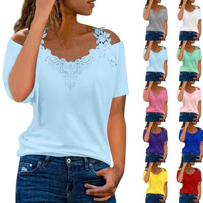 Fashion Trendy Lace V-neck Pullover Short-sleeved Top Solid Color Casual T-shirt