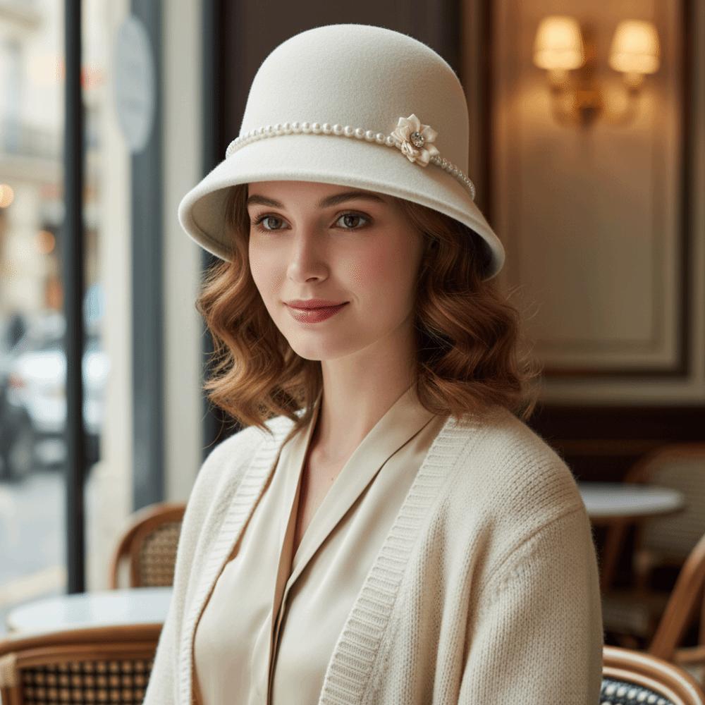 Solid Color Flower Topper Hat Pearl Woolen Bucket Hat Elegant Fisherman Hat  Girl