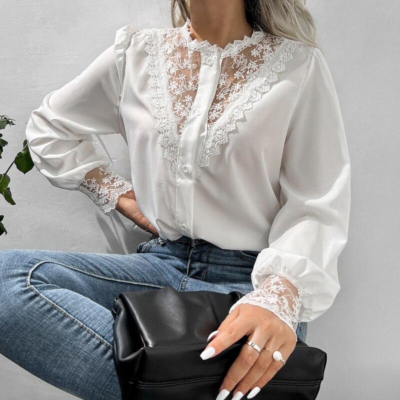 Vintage Embroidered Elegant Lace Blouse Women Lantern Sleeve Single-breasted Shirts For Women Fashion Casual Loose Tops 26218