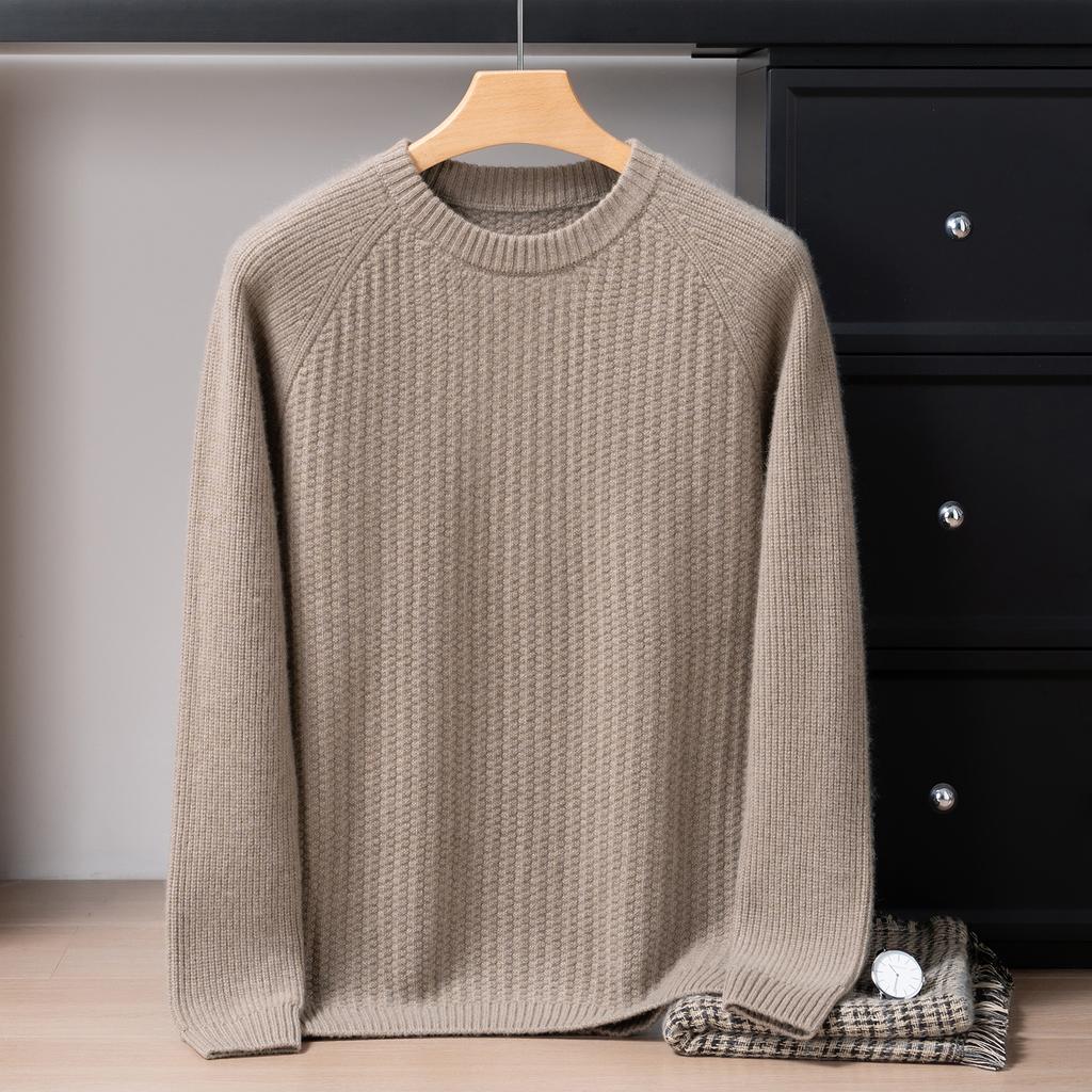 New cashmere sweater men's pure cashmere three-strand thickened round neck Korean version knitted sweater with shoulder sleeves and jacquard