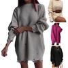 Women Sweater Three-Dimensional Tailoring Loose Fit Soft Knitted Sweater O-Neck Long Sleeve Ripped Holes Mid-length Tops