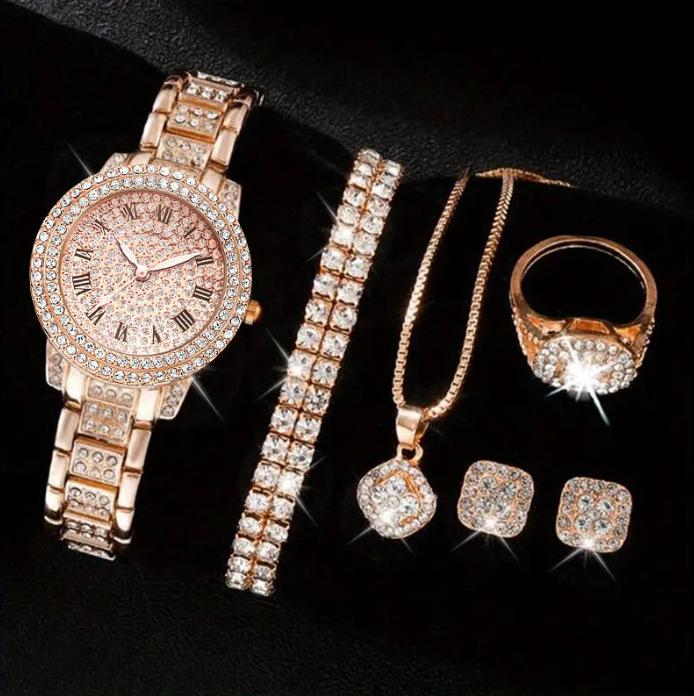 Popular Light Luxury Diamond-Encrusted Fashion Watch Women'S Quartz Watch Love 6-Piece Jewelry Combination Set