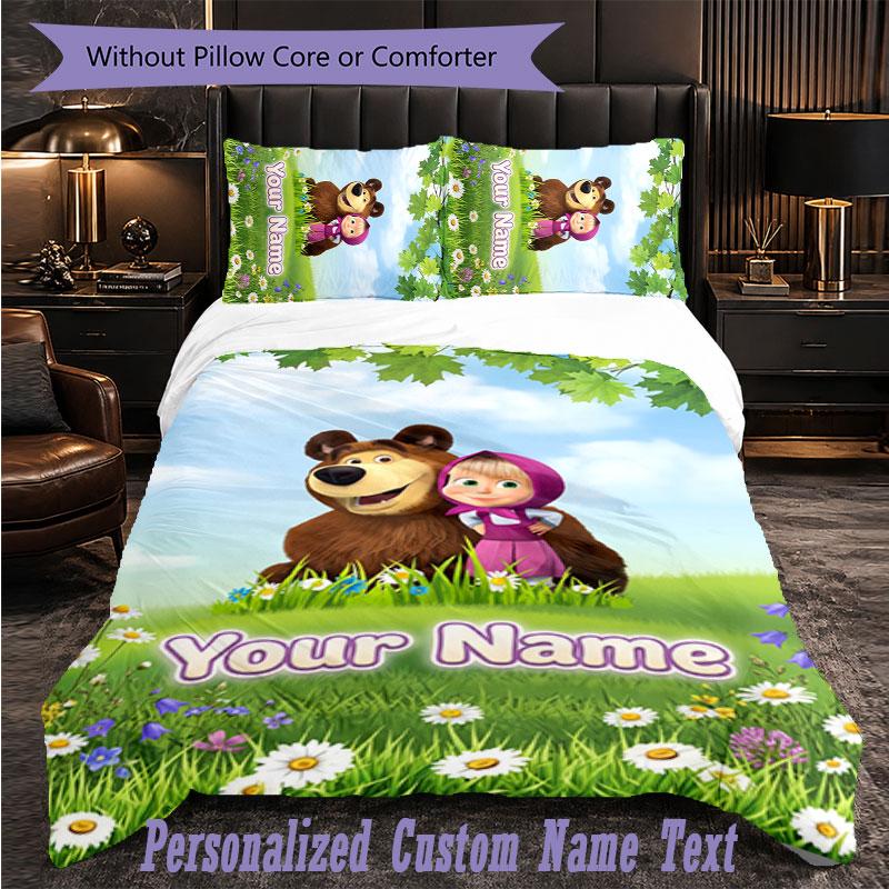 Personalized 3Pcs Bedding SetMasha and the Bear Custom Text Duvet Cover Pillowcase Set Bedroom Gift