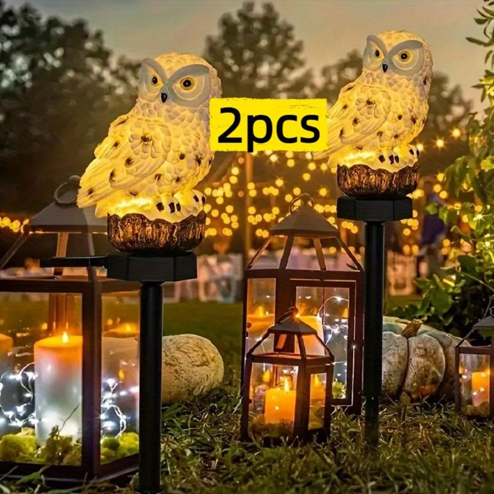 Pack of 2, solar owl resin lawn light, parrot resin light, garden fun decoration light, suitable for garden, flower bed, courtyard, lawn