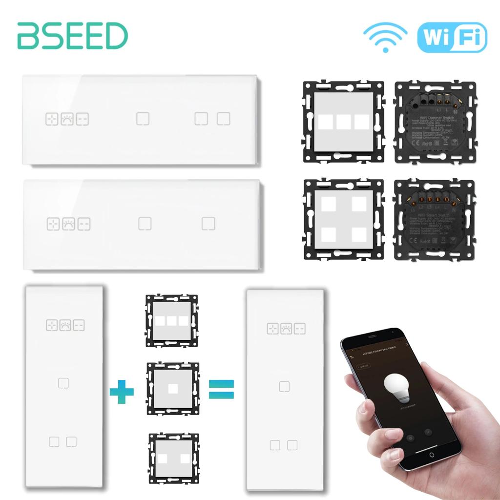 BSEED Wifi Stmívač Nástěnný Vypínač Světla 1/2/3 Skupiny Chytrý Dotykový Vypínač Funkční Základna Skleněný Přední Panel DIY Díly Volná Kombinace
