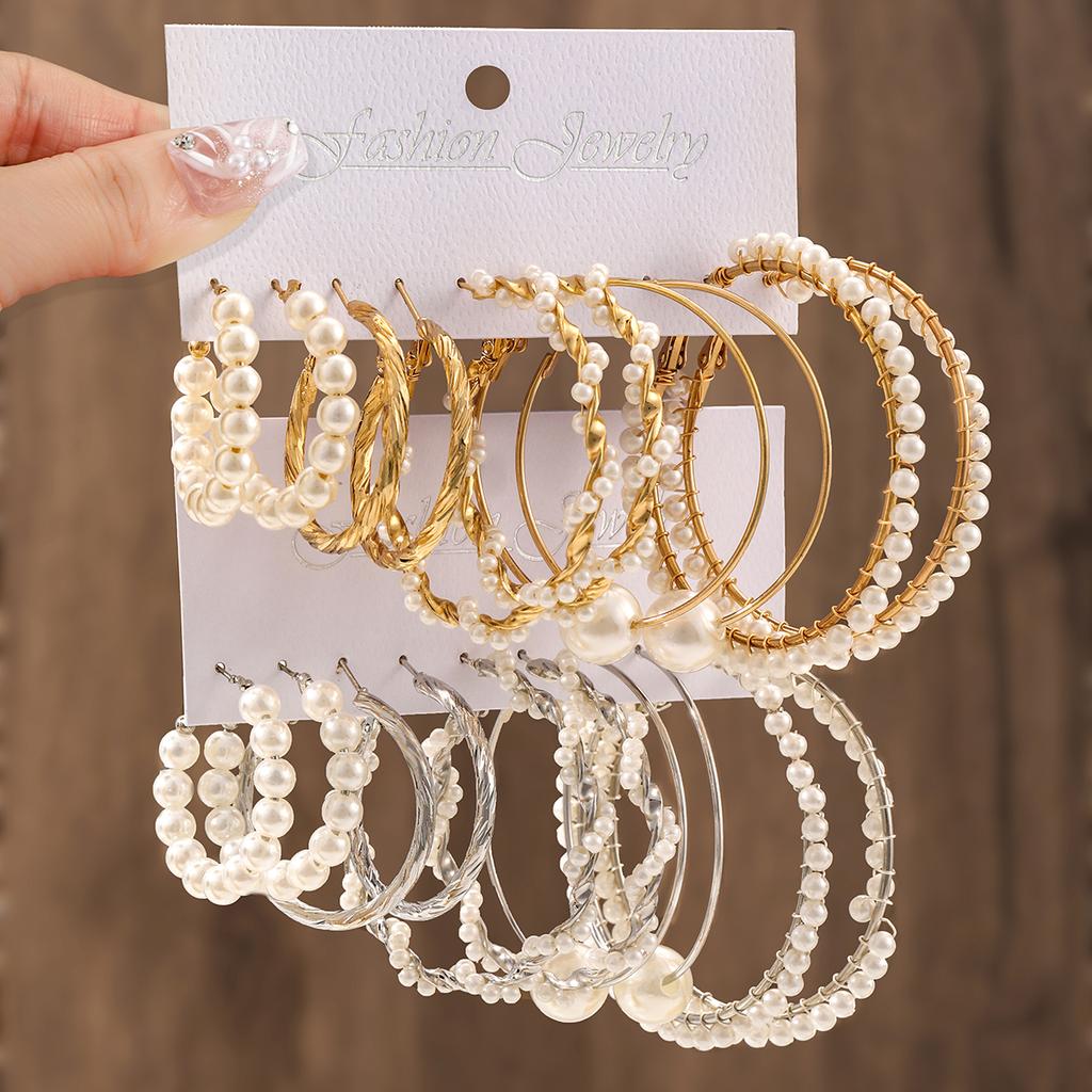 10 Pairs Korean Imitation Zircon Hoop Earrings Fashion Bead Round Earrings For Women's Elegant Wedding Party Zircon Set