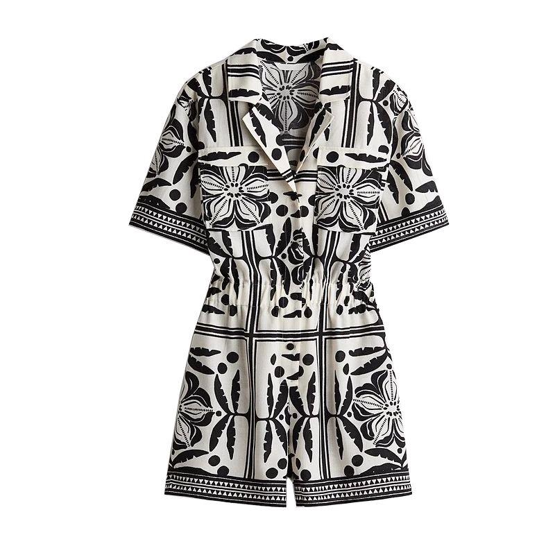 

Spring and Summer New Arrival Women s Clothing Vacation Style Fashion Casual Easiest for Match Woven Cuban Collar One-Piece Shorts 1282074 Cream color L