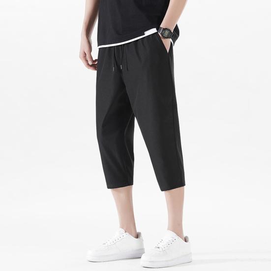 Men Cropped Pants Elastic Waistband Drawstring Quick-Drying Breathable Fit Fabric Loose Design Sports Leisure Pants