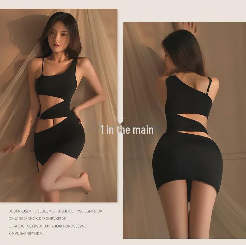 Manyan Sexy Lingerie: Oblique Shoulder Suspender Dress with Slit - Nightclub Secretary Style