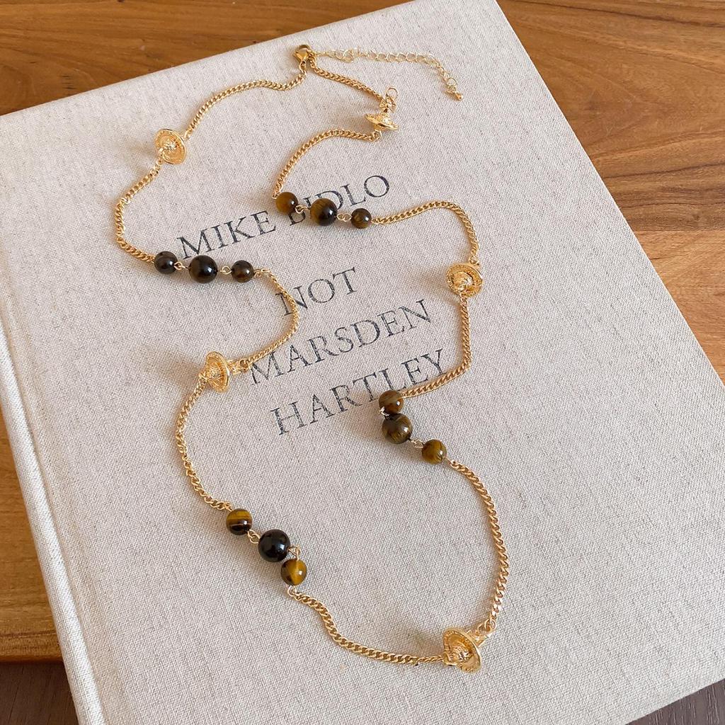 Maillard Tiger Eye Bead Round Pendant Necklace - Retro Casual Style Sweater Chain, Simple and Versatile.