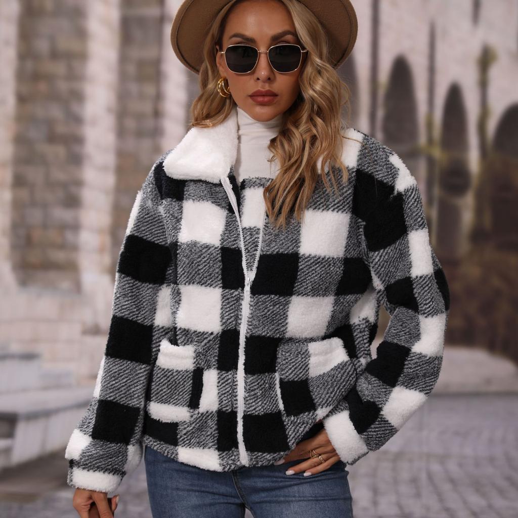 GMXIA Fashion Autumn Women's Lapel Long-sleeved Zipper Loose Checkered Double-sided Fleece Casual Jacket