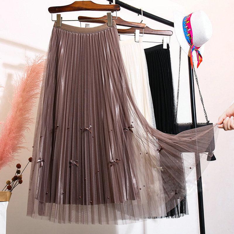 Double-Sided Mesh Beaded Pleated A-Line Bowknot Skirt - Slimming Summer 2025 Style
