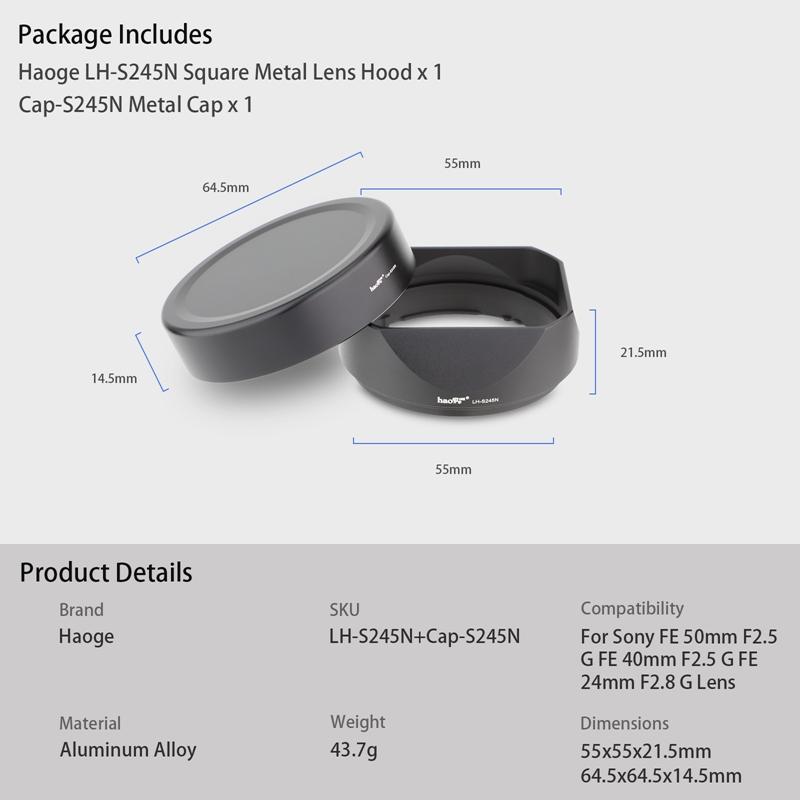 Haoge Bayonet Square Metal Lens Hood for Sony FE 40mm F2.5 G Lens FE 2.5/40 G(SEL40F25G) with Metal Cap