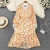Spring and Autumn Korean Version of Gentle Wind Temperament V-neck Lantern Long Sleeves Waist Thin Split a Word Floral Chiffon Dress