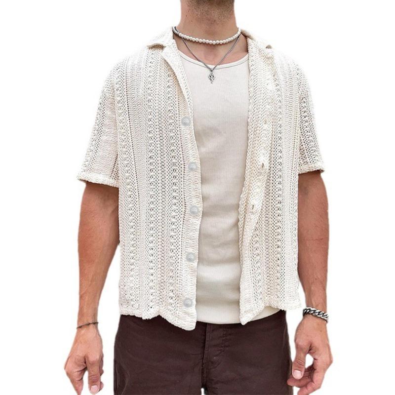 Men's Knit Short Sleeve Button Down Shirt Hollow Out Casual Top.