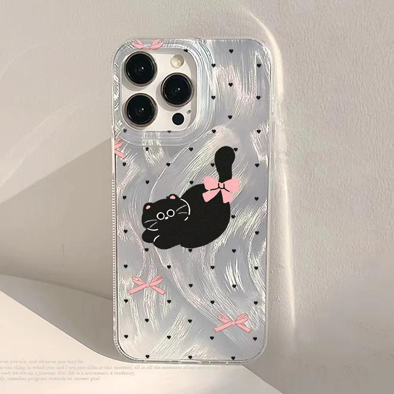 Cute Black Cat Phone Case For iPhone 17 Air Case iPhone17 16 15 11 12 13 14 Pro Max Plus Laser Silver Feather Texture Shockproof Cover