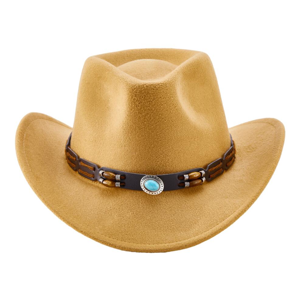 (One Size, Camel) Western Cowboy Hat for Women Men Bohemian Cowgirl Hat with Beads Trim Outdoor Sun Hat