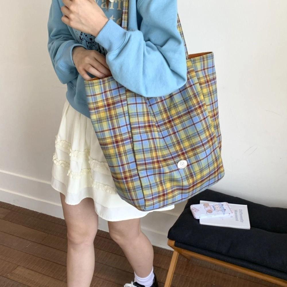 Leisure Double Sided Shoulder Bag Versatile Lattice Handbag Casual Plaid Canvas Tote Bag  Women