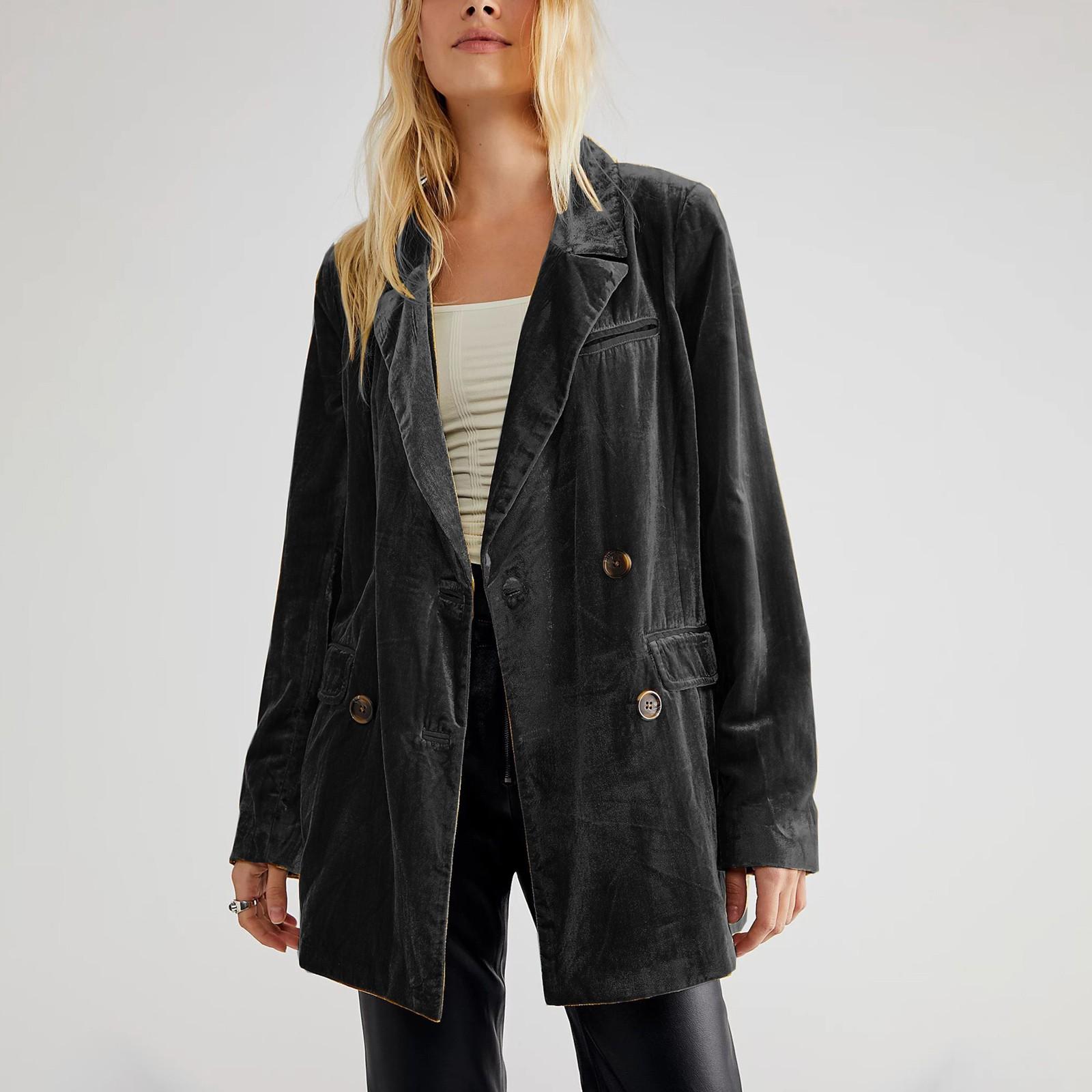 

Женская модная повседневная золотая бархатная куртка с карманами на пуговицах и v-образным вырезом, пиджак XXL чёрный