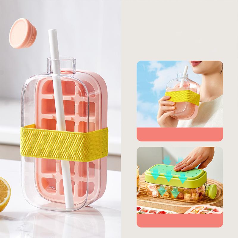 Summer Ice Cube Tray With Lid - Ice Tray For Freezer - No Touch Silicone Ice Cube Tray For Freezer With Straw + Cable Tie Mold