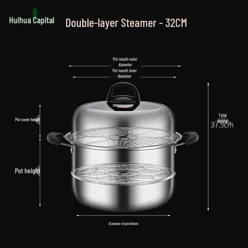 HUIHUADU 32cm Stainless Steel Double-Layer Steamer Pot