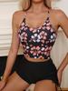 Printed Flower Tankini Set Girl Swimwear Strap Vest Bra Female Flower Shorts Bikini Drawstring Women Beachwear Set