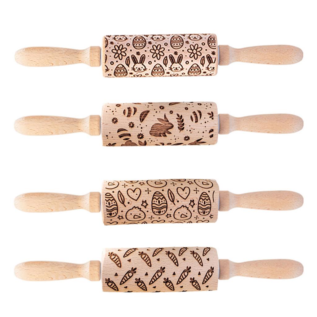 Easter Pattern Rabbit Egg Carrot Chicken Embossing Wood Stamps Rolling Pin Baking Cookie Fondant Cake Textured Roller
