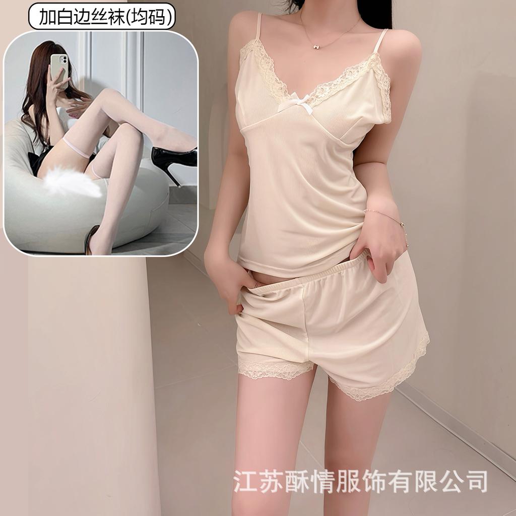 Crispy pajamas women's spring and summer girls' pure desire suspender shorts lace flower sexy pink loungewear set