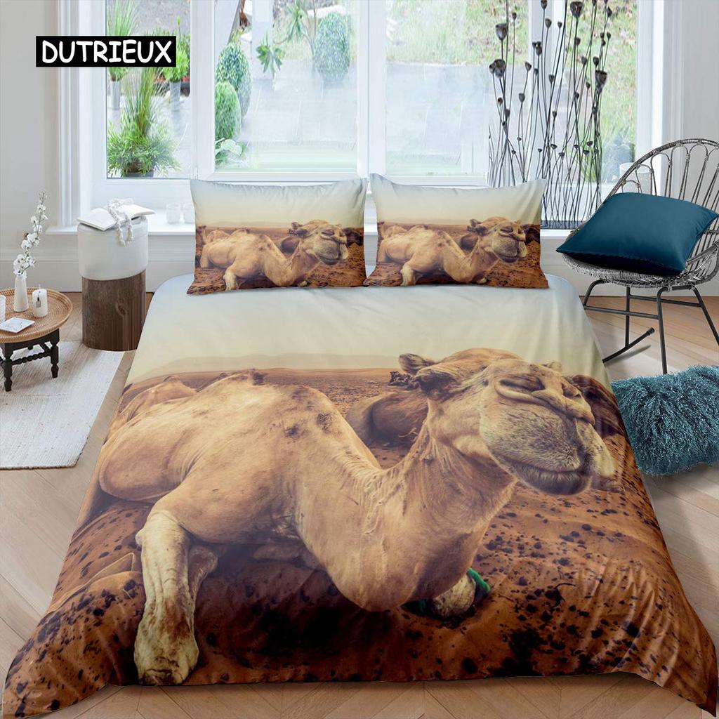 Camel Duvet Cover Set Sunset Desert Adventure Tehme Quilt Cover King Size Wildlife Animal Bedding Set for Children Teens Young