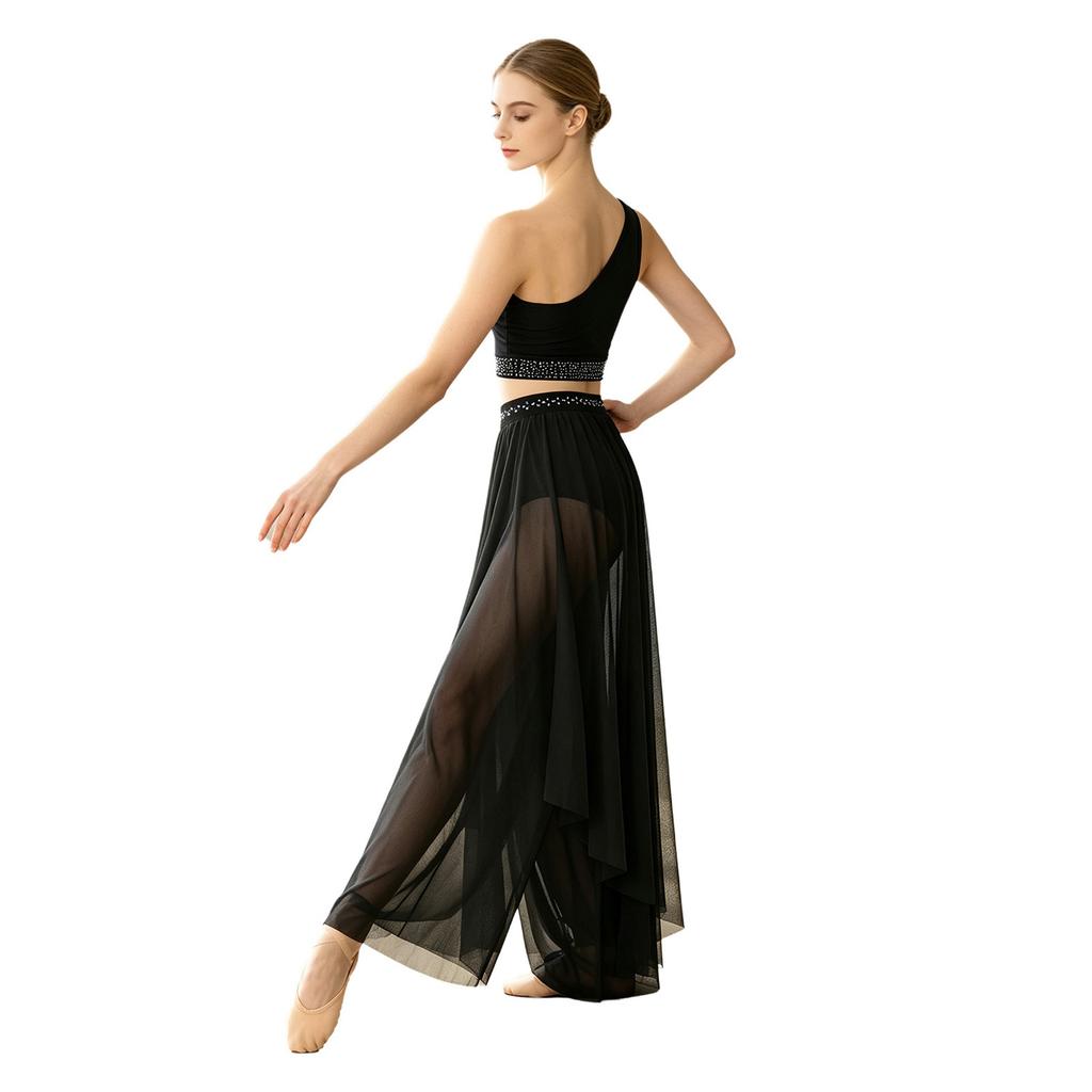 Abbigliamento da Danza da Donna Crop Top Asimmetrico con Strato Superiore e Strass, Monospalla in Rete Arricciata, con Pantaloncini Integrati per Performance Lirica