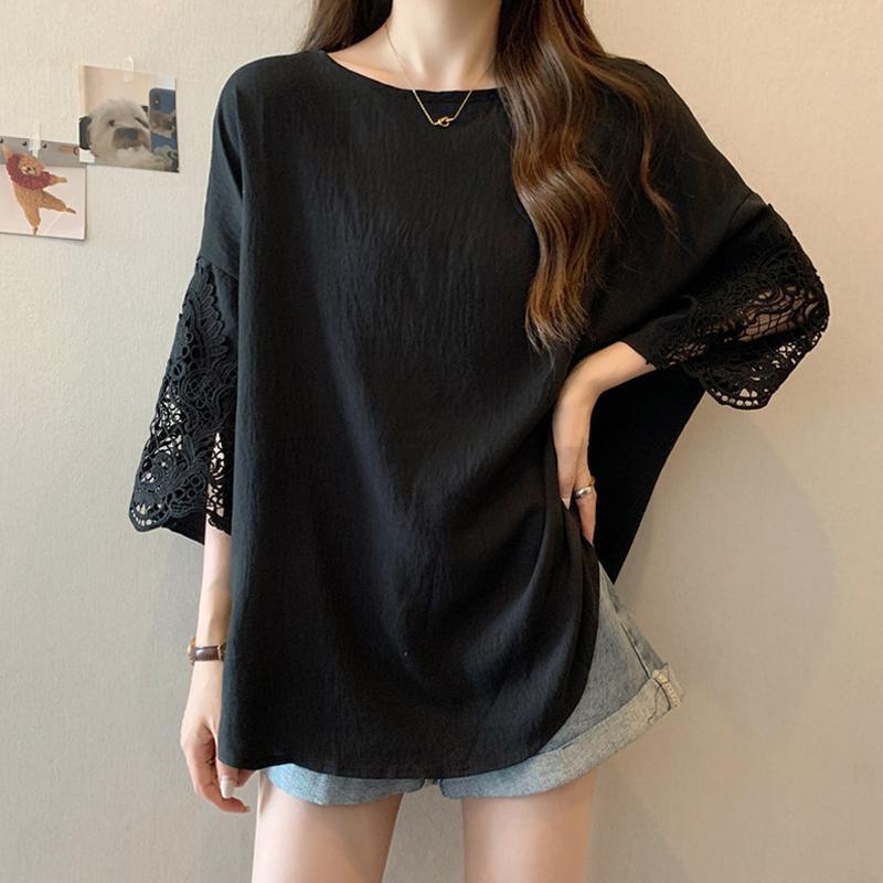 

YYFS женские модные повседневные летние весенние однотонные блузки и рубашки с круглым вырезом и рукавами 3/4 с принтом XXXL чёрный