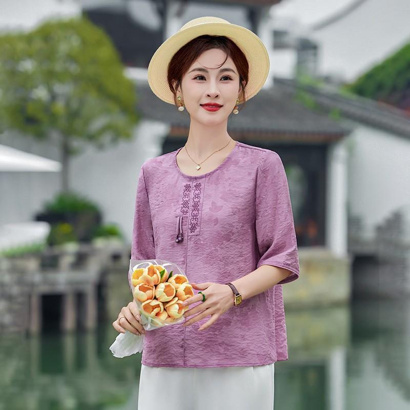 Women's Round Neck T-Shirt Vintage Chinese Style Loose 3/4 Sleeve Cotton Linen Summer Blouse For Middle Aged Women