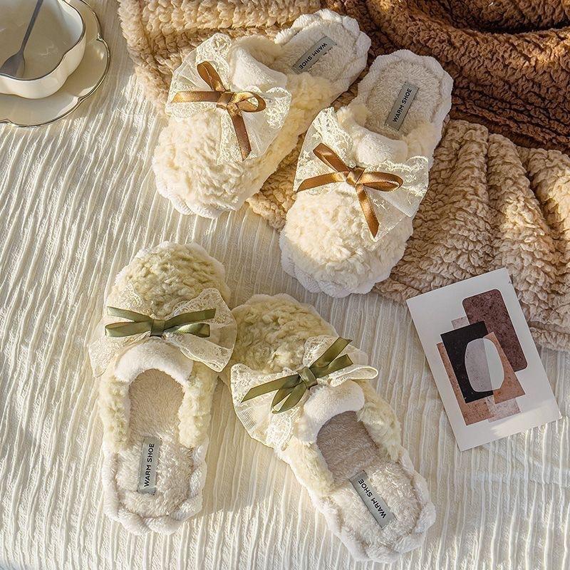 Winter cotton slippers women's student version bow thick bottom non-slip warm home casual versatile family slippers women