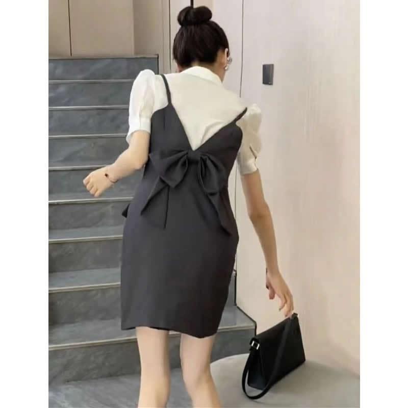 Elegant Summer 2026 Petite Two-Piece Dress Set: Short-Sleeved Shirt & Suspender