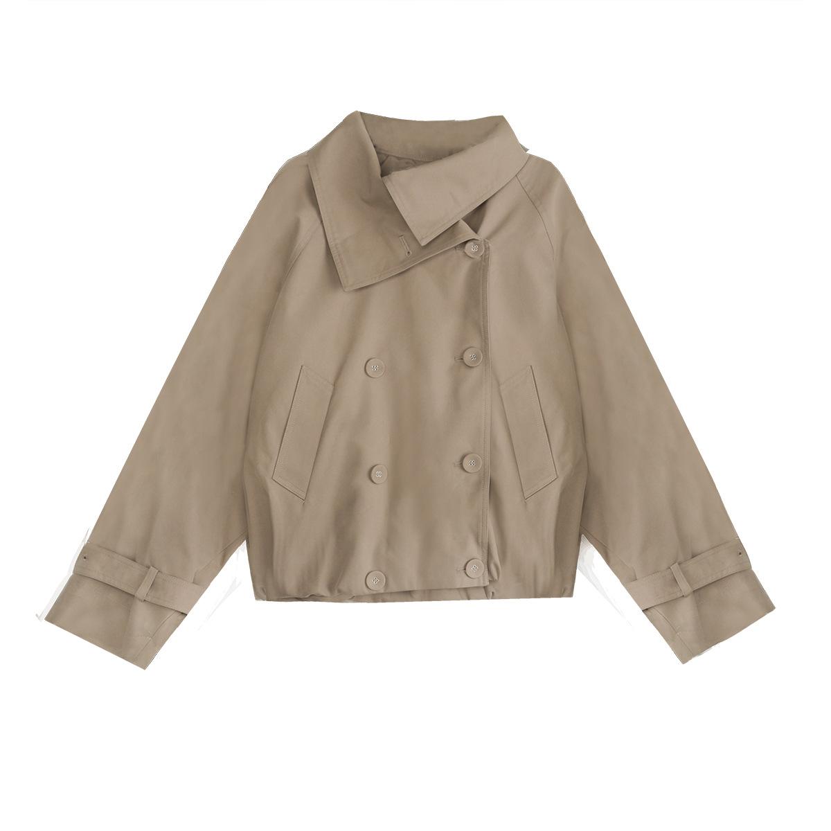 Double-Breasted Short Trench Coat – Stand Collar Petite Jacket, Khaki S светло-коричневого