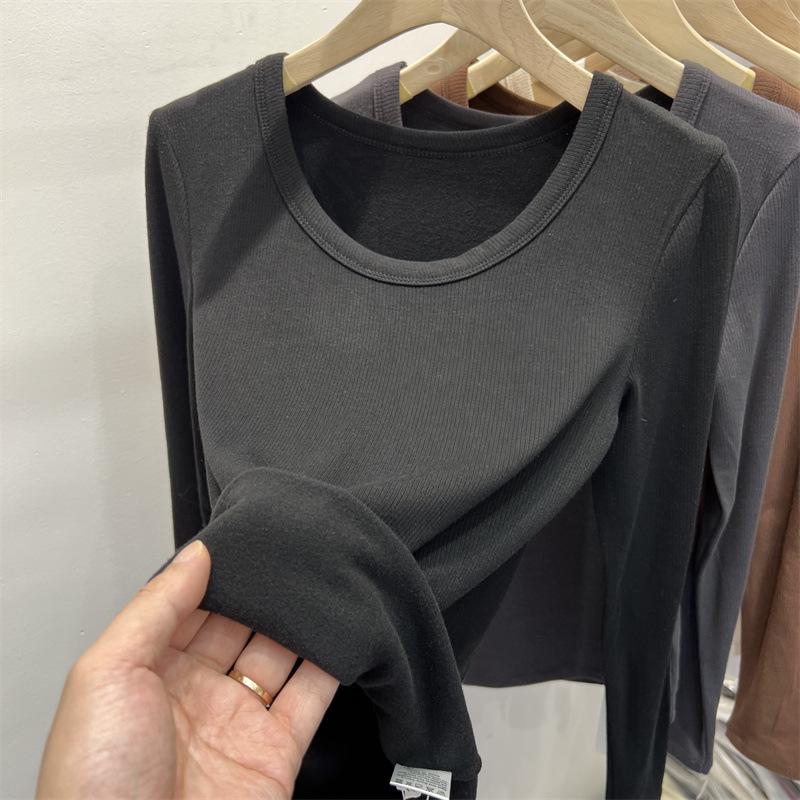 Women's Slim-Fit Double-Sided Plush U-Neck Base Layer Top - Long-Sleeve, Autumn/Winter Warm Inner Wear, 2025 Collection