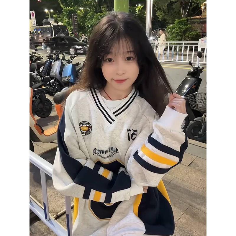 

Женская толстовка оверсайз с V-образным вырезом, баскетбольная майка - осенний стиль колледжа 2XL серый/белый