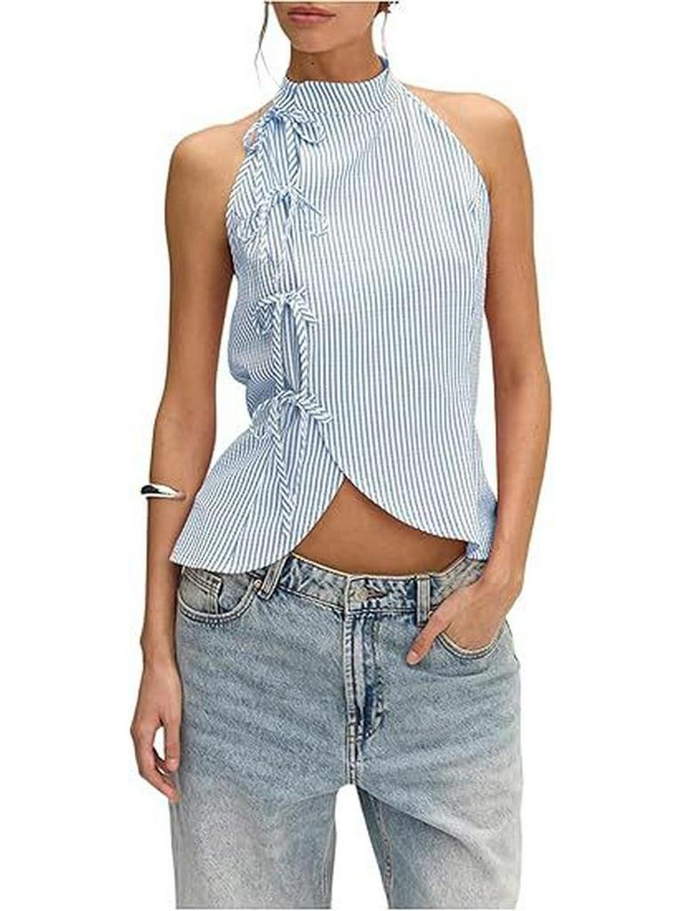 European & American Women's Asymmetrical Hem Striped Front-Tie Strapless Backless Tank Top