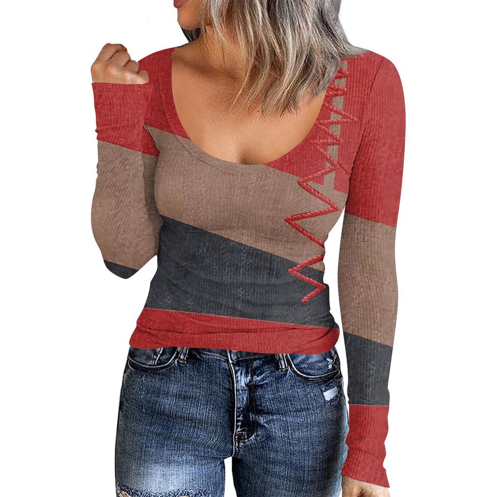 Women's Autumn And Winter Slim Bottom T-shirt Fashion Casual Solid Color U Neck Pullover Long Sleeve Top