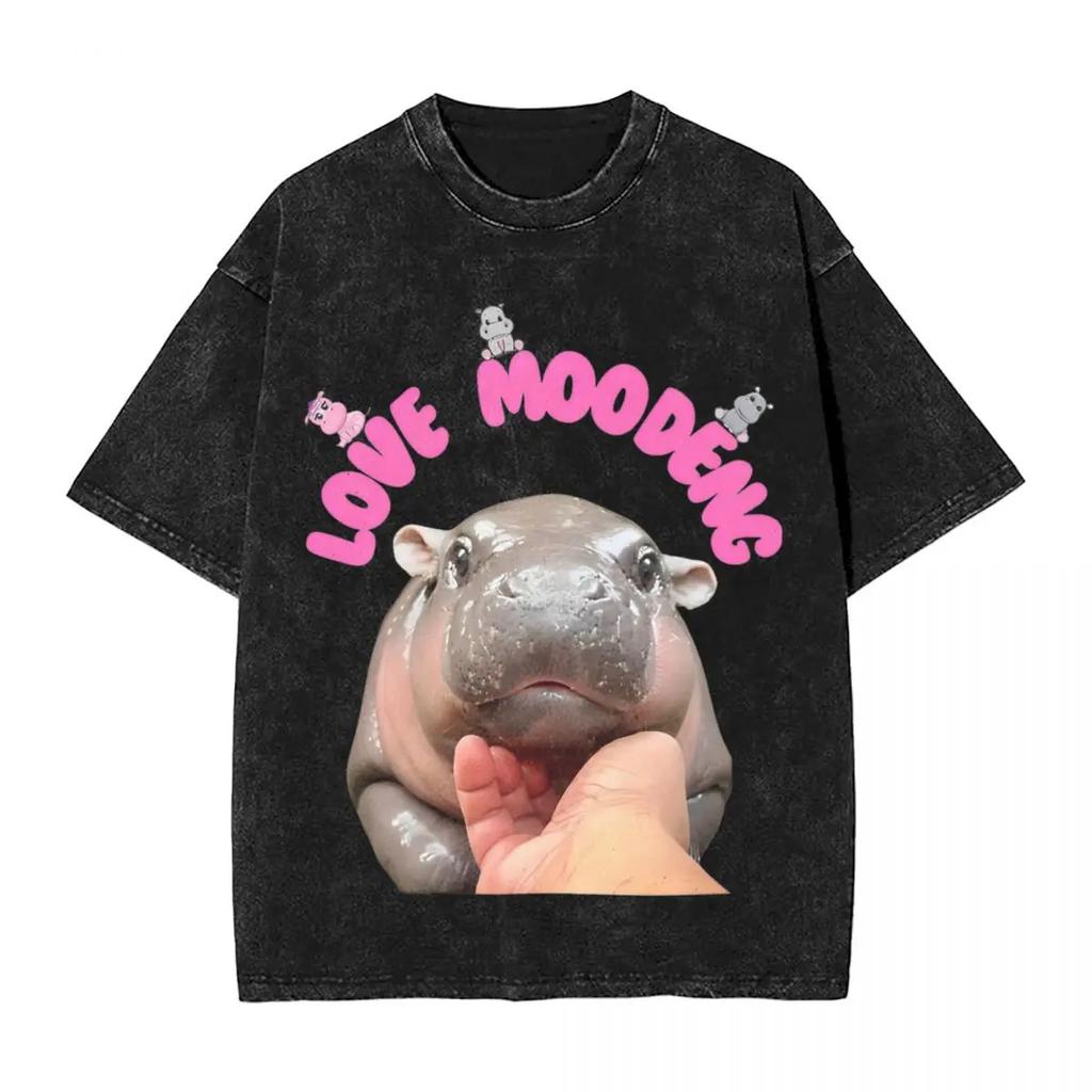 Moo Deng The Famous Baby Pigmy Hippo T Shirt Washed Cotton T-Shirts for Men Women Tops Streetwear Printed Tee Shirt