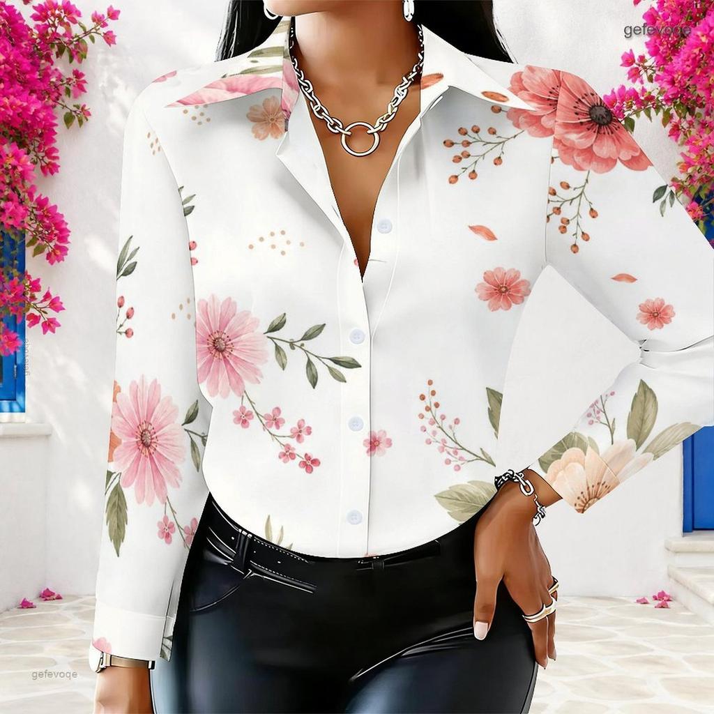 Plus Size Womens Long Sleeve White Collared Button Closure Blouse