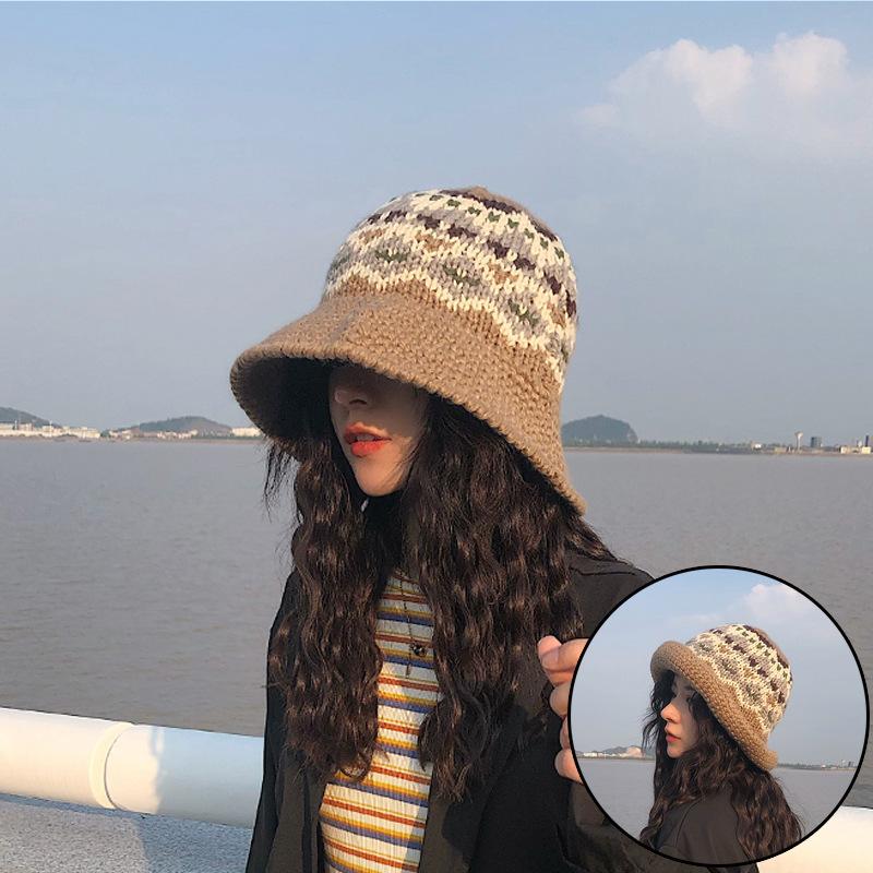 

Тепла рибальська шапка ручної роботи. Японська вулична універсальна в язана жіноча осінньо-зимова шапка з грубої пряжі. 56-58CM хакі