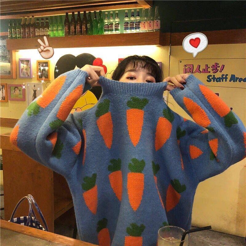 Nette Karotte Stickerei Weibliche Pullover Herbst Faul Wind Lose Pullover Harajuku Karotte Langarm Dicke Frauen Pullover Top