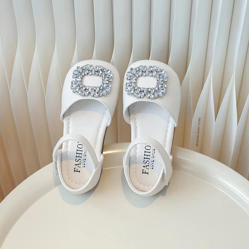 Rhinestone Square Buckle Princess Shoes Girl Summer Girls Sandals Toe-covered Anti-kick School Wedding Party Shoes Child I04163