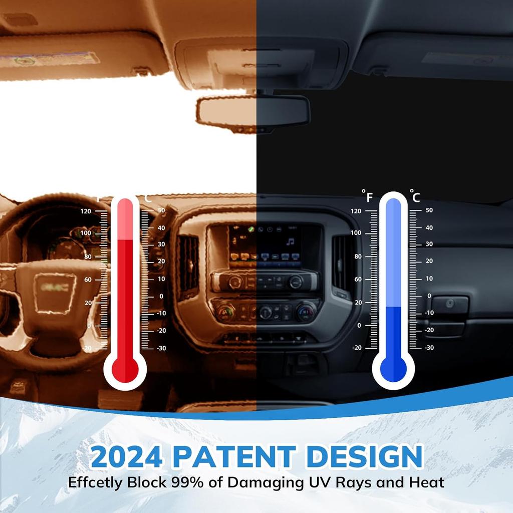 Front Windshield Sunshade Compatible With GMC (-2024) Sierra 1500 2500 3500 SLT, AT4, Denali Pickup Accessories - 210T Double Layer Foldable Front