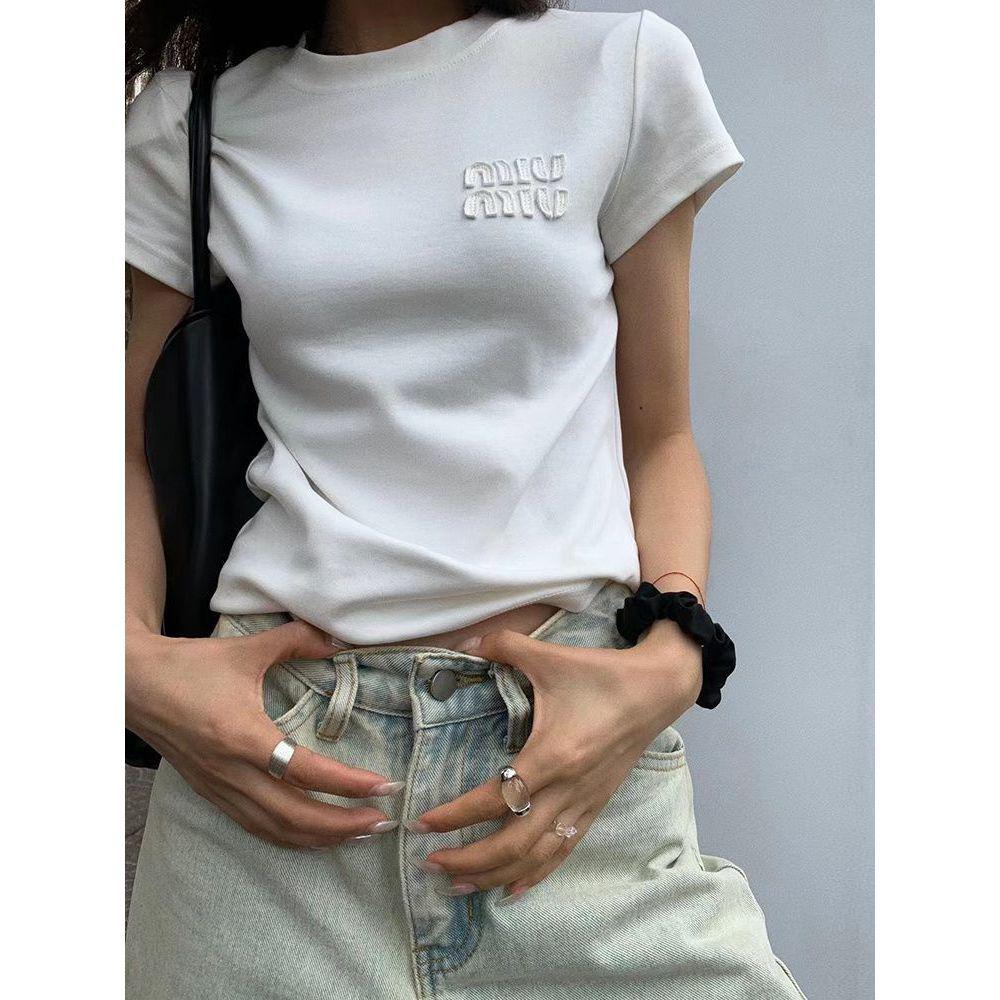 Women's Slim Fit Round Neck Cotton T-Shirt - Short Sleeve, Simple Summer Design with Embroidered Lettering