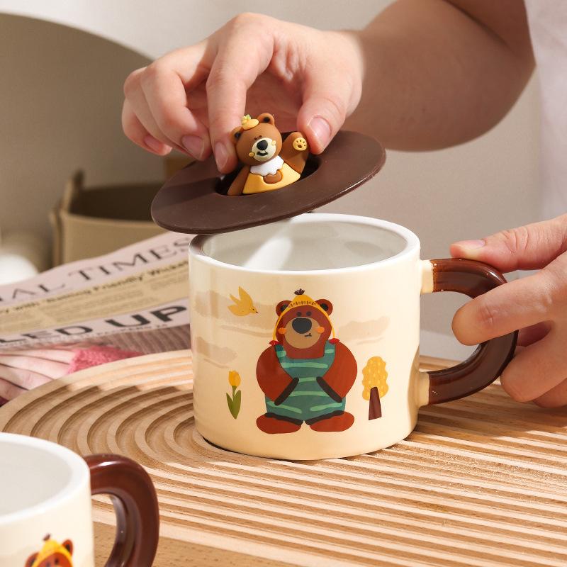 Fufu Cartoon Mug Cute Bear with Cover Couple Home Water Cup Ceramic Office Gift Box
