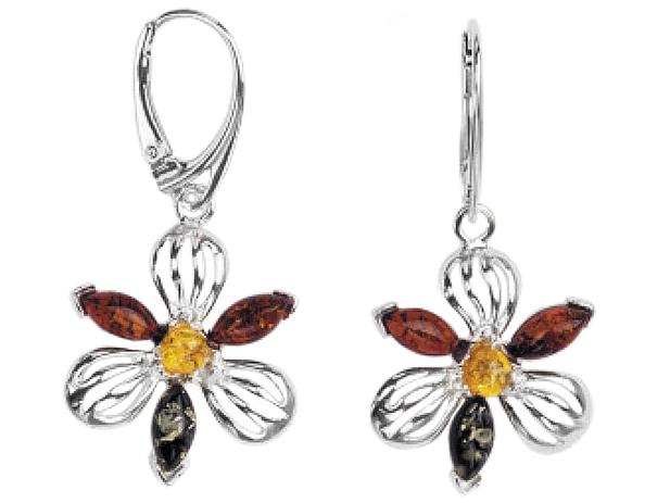 Silver Dangle Earrings Flowers With Amber English Clasp Little Flowers